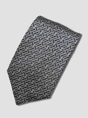 HERMES DARK NAVY SILVER GEOMETRIC PRINT SILK NECKTIE